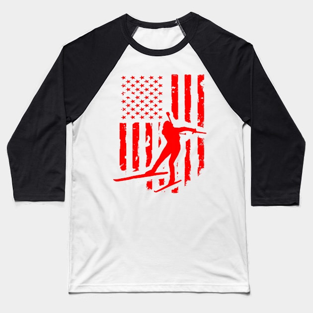 American USA Flag Nordic Skiing Baseball T-Shirt by luckyboystudio
